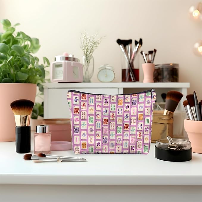 Pink And Cute Mahjong Tiles Makeup Bag, Mahjong Gifts for Women Cosmetic Bags, Gifts for Mah Jong Players Lovers Makeup Zipper Pouch