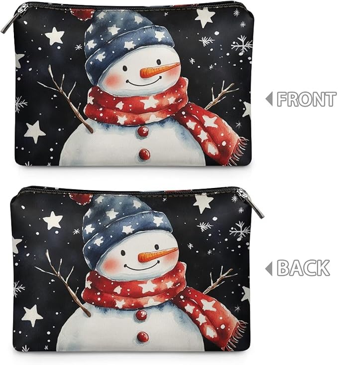 COEQINE Christmas Makeup Pouch for Purses for Women Leather Snowman Black Stars Mini Cosmetics Bag Cute Cosmetic Pouch for Women with Zipper Pen Pencil Toiletry Pouch for Birthday Xmas Gift