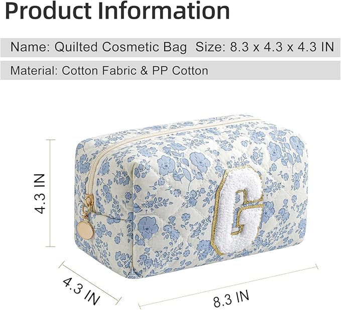 Gleyemor Personalized Initial Makeup Bag for Women, Cute Quilted Blue Floral Cotton Cosmetic Bag, Christmas Gifts for Her Mom Friend Sister Bridesmaid Teacher Women G