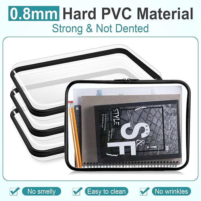 Sanwuta 6 Pcs Clear Hard Zipper Case Hard Plastic Zipper Pouches Makeup Bag Pencil Pouches Transparent Cases for Snacks Plastic Storage Organizer Box for Travel(Black,12.6 x 9 x 2 Inch)