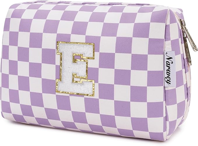 Narwey Birthday Gifts for Women Teen Girls Kids Personalized Initial Makeup Bag Monogram Preppy Cosmetic Bag Trendy Stuff 6 8 10 11 12 13 14 16 18 Years Old Travel Toiletry Bag (Purple E)