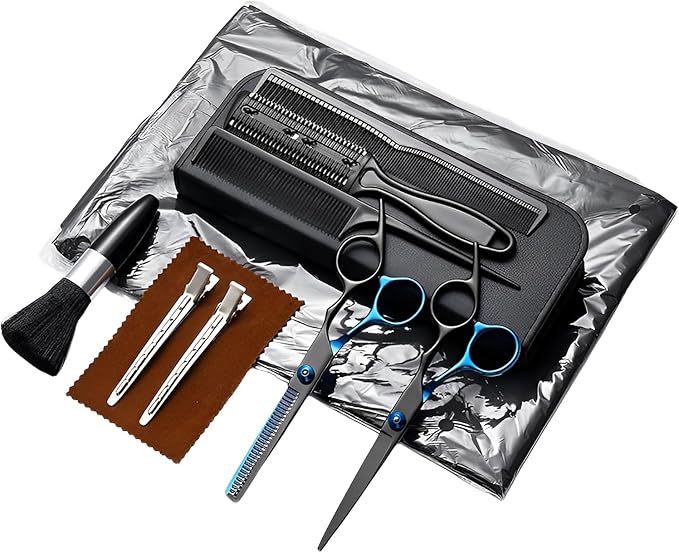 Hair Cutting Scissors Kit 11PCS, Professional Haircut Scissors with Japanese Stainless Steel Shears, Thinning Shears, Haircut Accessories in Leather Case for Salon/Home (Black - Blue)
