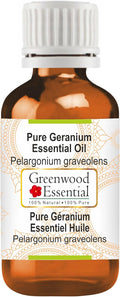 Greenwood Essential Geranium Essential Oil (Pelargonium graveolens) Pure | Non-Sticky | Non-Greasy | Lightweight | Men & Women | All Skin Types | Steam Distilled 10ml (0.33 oz)