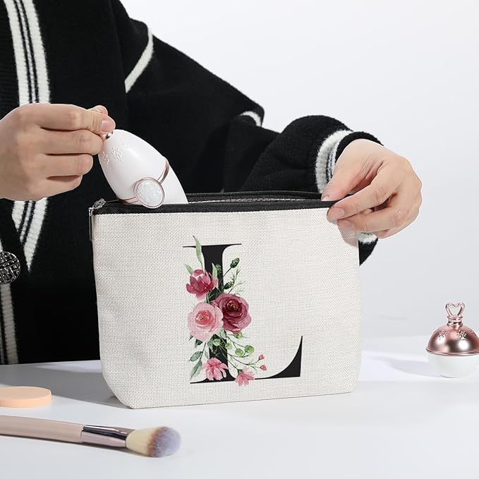 Initial Makeup Bag, Personalized Gifts for Women, Bridesmaid Gifts, Birthday Gifts for Women Mom, Gifts for Best Friend, Bride Bridesmaid Cosmetic bag (Letter L)
