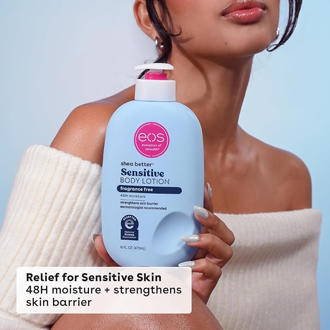 eos Shea Better Sensitive Skin Body Lotion, 48-Hour Moisture Skin Care, For Dry Skin, Fragrance Free Body Lotion, Eczema Lotion, Vegan, 16 fl oz (Packaging may vary)
