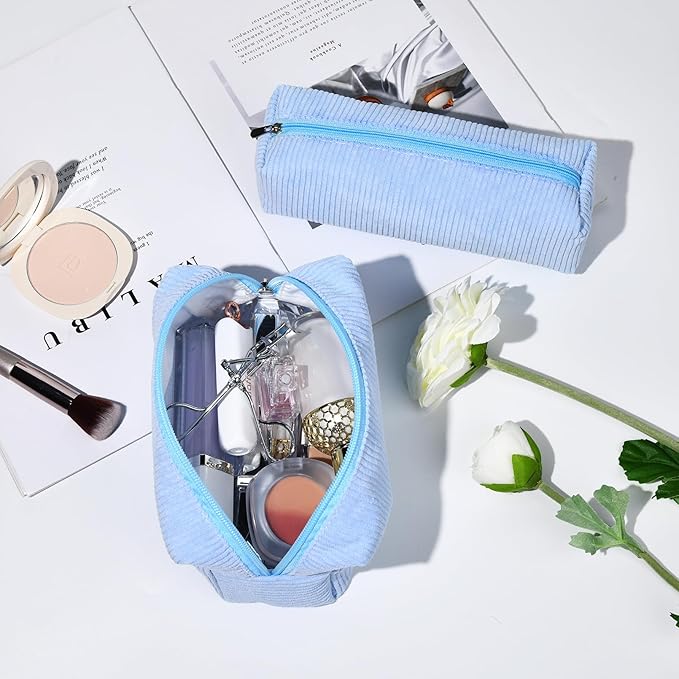 SOIDRAM Corduroy Cosmetic Bag - Cute Blue Makeup Pouch, Large Capacity, Travel Toiletry Bag Organizer with 1Pcs Makeup Brushes Storage