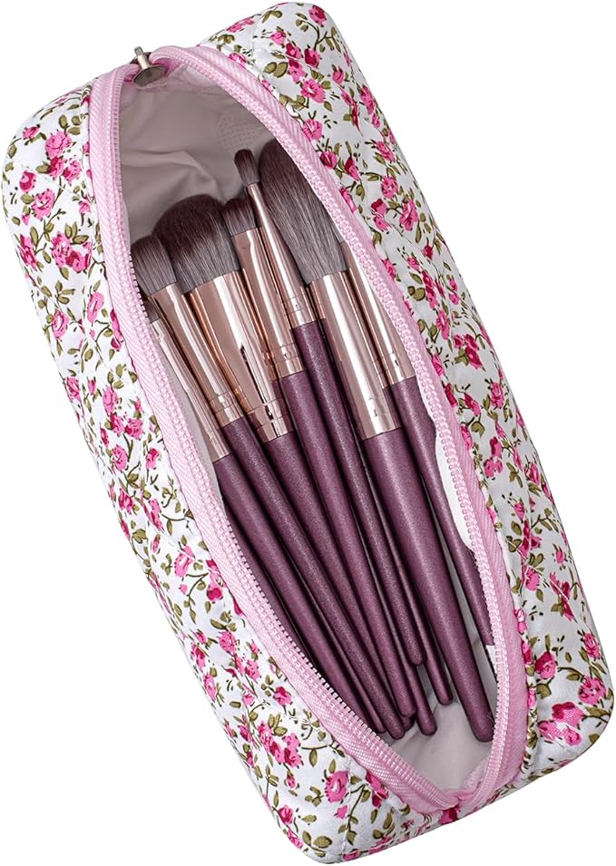 Cute Floral Cotton Makeup Brush Cosmetic Bag for Women, Travel Quilted Zipper Make Up Bag, Flowers Toiletry Organizer Case Kawaii Makeup Cosmetic Travel Cloth Pouch (Pink+Red Floral)
