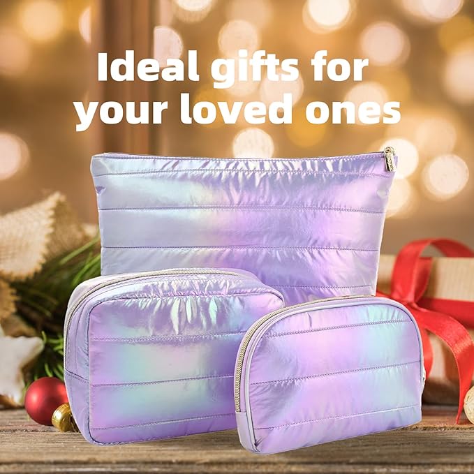 Hiroyuki Iridescent Quilted Makeup Bag, 3pcs Cute Makeup Bag Set, Large Capacity Cosmetic Organizer Travel Toiletry Pouch (plain, purple)