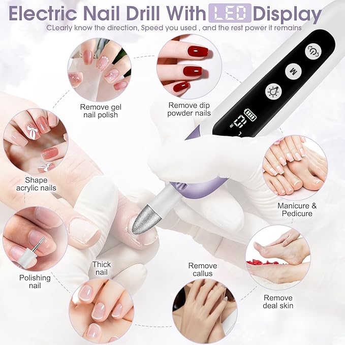 Professional Manicure Pedicure Kit with Case, Cordless Electric Nail File Set with Memory Mode&10 Speed, Portable Nail Drill Pedicure Tools for feet, Hand Foot Care Tool for Thick Nail Toenail Cuticle
