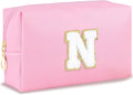 Initial Makeup Bag Personalized Preppy Travel Small Cosmetic Bag Cute PU Pink Chenille Letter Makeup Pouch for Purse Waterproof Zippered Toiletry Organizer for Women Girls Kids Friends (N)