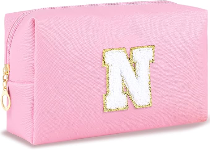 Initial Makeup Bag Personalized Preppy Travel Small Cosmetic Bag Cute PU Pink Chenille Letter Makeup Pouch for Purse Waterproof Zippered Toiletry Organizer for Women Girls Kids Friends (N)