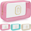 Personalized Initial Clear Makeup Bag, Travel Chenille Patch Cosmetic Bag, Preppy Toiletry Bag Monogram Cosmetic Pouch with Zipper, Ideal Gift for Teen Girls Women (Clear-Pink, O)