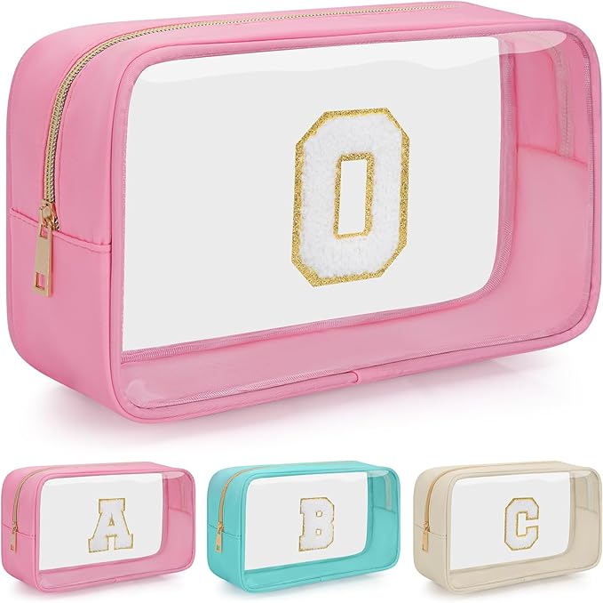 Personalized Initial Clear Makeup Bag, Travel Chenille Patch Cosmetic Bag, Preppy Toiletry Bag Monogram Cosmetic Pouch with Zipper, Ideal Gift for Teen Girls Women (Clear-Pink, O)
