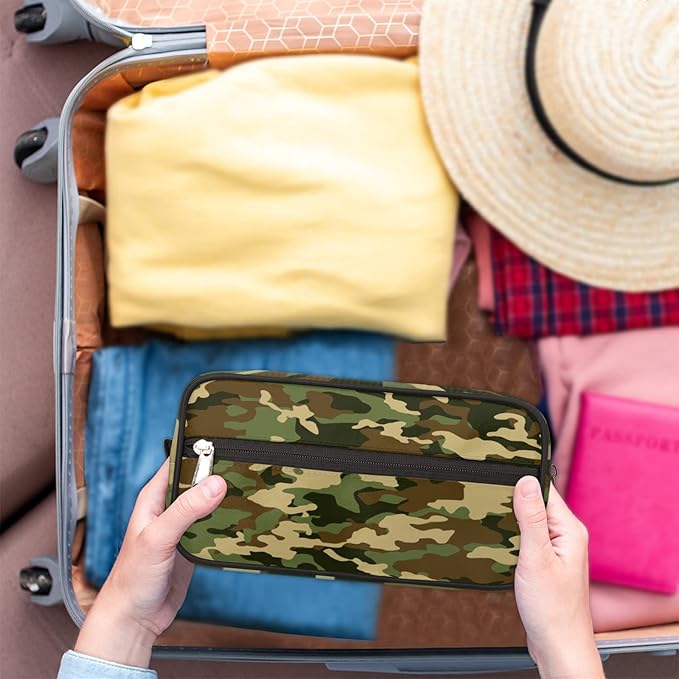 Green Camo Portable Travel Toiletry Bag, Camouflage Print Dopp Kit Cosmetic Organizer Makeup Bag Shower Shaving Bag for Men Women