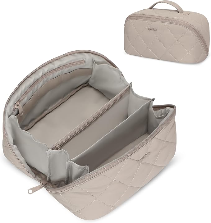 Hynes Eagle Travel Makeup Bag for Women Puffy Cosmetic Organizer Pouch Open Flat Toiletry Bag for Toiletries, Brushes Camel