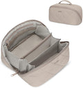Hynes Eagle Travel Makeup Bag for Women Puffy Cosmetic Organizer Pouch Open Flat Toiletry Bag for Toiletries, Brushes Camel