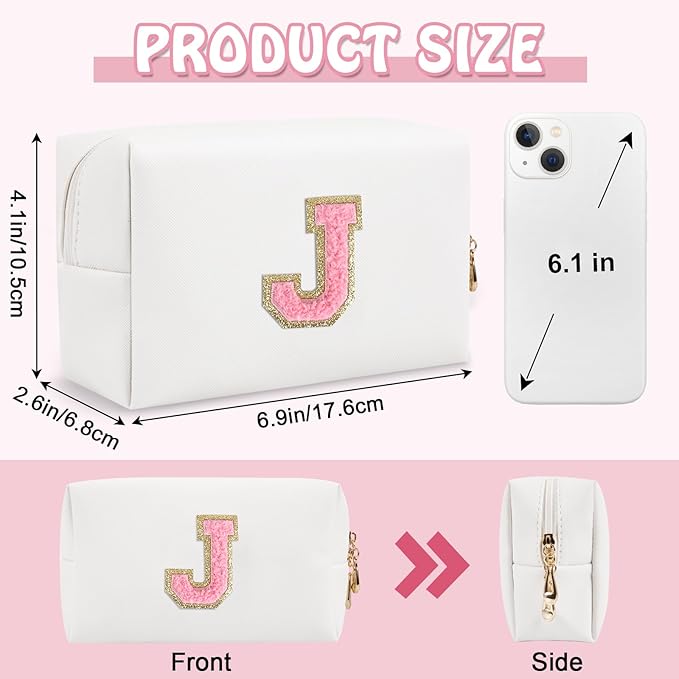 Personalized Preppy Small Travel Makeup Bag, Initial Chenille Letter White Makeup Bag Cosmetic Pouch Toiletry Organizer, PU Leather Waterproof Makeup Storage Cute Preppy Stuff for Women(Letter J)