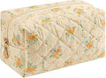 Floral Cotton Makeup Brush Cosmetic Bag for Women,Travel Quilted Zipper Pouch,Large Capacity Flowers Toiletry Organizer, Kawaii Makeup Storage Case, Cosmetic Travel Cloth Bag–Yellow/Orange Flowers