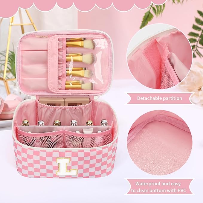 OCHEAL Makeup Bag for Women, Monogram Cosmetic Bag with Brush Holder, Pink Travel Makeup Case Beauty Toiletry Bag Organizer Personalized Gifts for Girls Bridesmaid, Sister, Wife, Friends Initial L