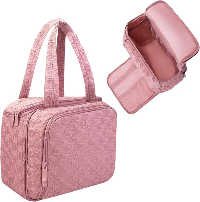 SUNRISING Travel Toiletry Bag for Women，Large Toiletry Bag for Women，Water-Resistant Puffy Cosmetic Makeup Bag Organizer with Handle for Travel Toiletries Skincare Accessories Essentials - Pink