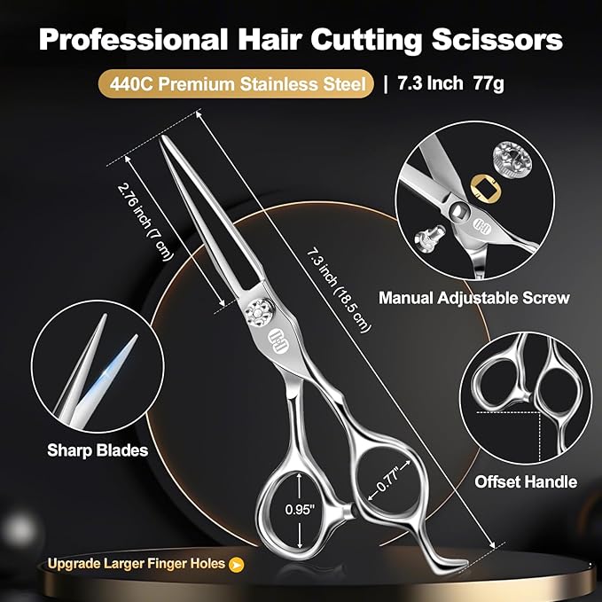 CIICII Professional Hair Cutting Scissors Shears Kit, 440C 7 Inch Barber Haircut Scissors Set (Hair Beard Trimming Haircutting Thinning Shears) for Hairdressing Stylist Hairdresser Salon Home