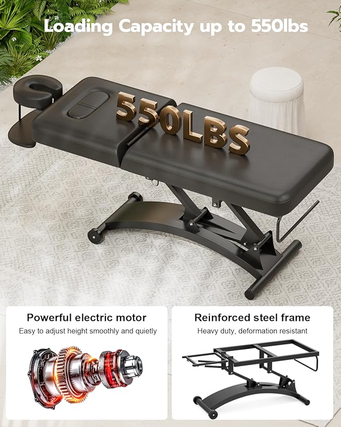 Paddie 550lbs Electric Lift Massage Table Professional for Treatment/Facial/Beauty/Spa/Physical Therapy, Adjustable Backrest/Face Cradle/Rolling Wheels, Black