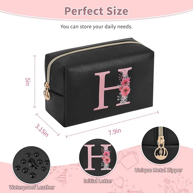 Personalized Initial Makeup Bag, Birthday Gifts for Women and Girls, Small Makeup Pouch Travel Toiletry Bag, Make Up Organizer Bag Gift Trendy Stuff for Friend Mom Teacher, Black