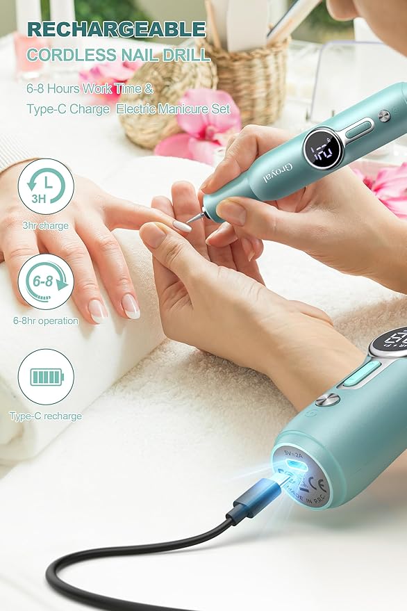Cordless Electric Nail Drill Machine Professional for Acrylic Gel Nails, E-File for Manicure and Pedicure for Foot Portable Manicure Tool with Storage Bag