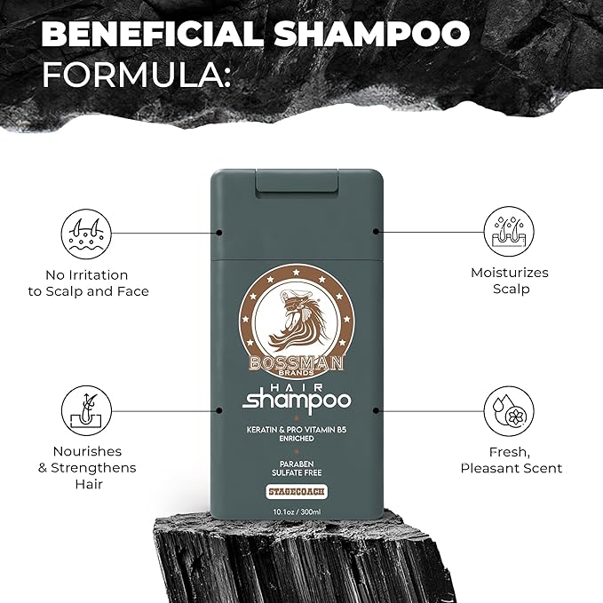 Bossman Hair Shampoo for Men – Natural Moisturizing Men's Shampoo with Keratin & Vitamin Pro5 Enriched - Paraben & Sulfate Free (Stagecoach Scent)