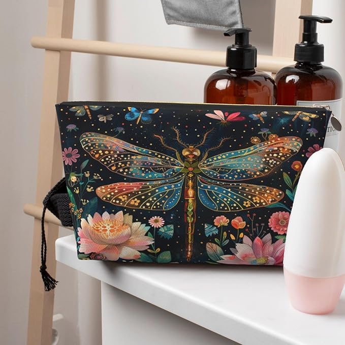 Womens Leather Makeup Bag Cosmetic Bag Travel Toiletry Bags Make Up Bags for Women Adult (Floral Dragonfly)