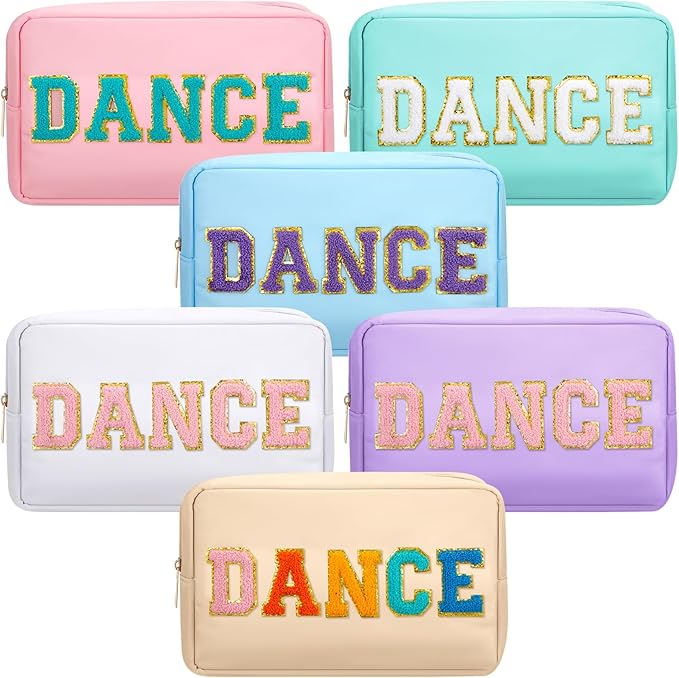 6 Pcs Dance Makeup Bag Cosmetic Bag with Chenille Letter Patches Waterproof Portable Cheerleader Toiletry Zipper Pouch for Girl Women Appreciation (Pastel Colors)
