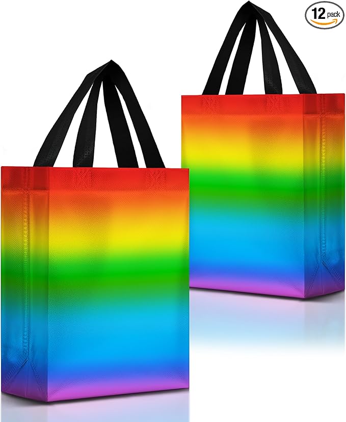Nush Nush Holographic Rainbow Gift Bags Medium Size– Set of 12 Colorful, Reusable Rainbow Gift Bags with Handles - Ideal Goodie Bag for Birthday Party, Kids Party, Sleepover, Pride Events - 8x4x10