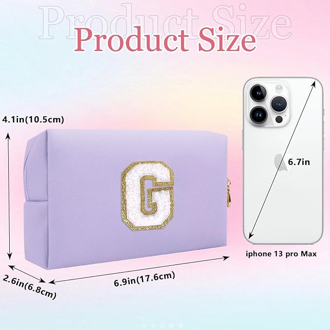Small Personalized Letter Makeup Bag, Cute PU Leather Chenille Letters Cosmetic Bag Travel Makeup Pouch, Preppy Travel Organizer Zipper Pouch for Women&Girls（Purple-G）