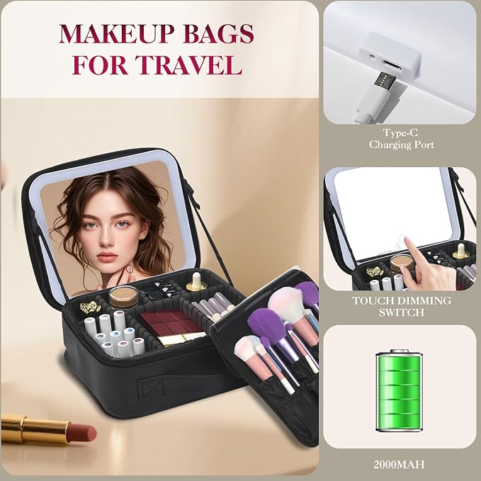 Travel Makeup Bag With LED Mirror,Cosmetic Train Case with 3 Color Setting,Cosmetic Makeup Organizer Bag with Adjustable Dividers,Portable Make up Box with Make up Brushes Holder Storage（Black）