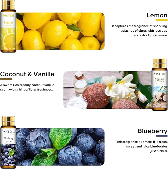 PHATOIL 9PCS Fruit Fragrance Oil Set for Soap Making Diffusers, 10ml/0.33fl.oz Cucumber Melon, Coconut & Vanilla, Peach, Pear, Green Apple, Blueberry, Apple, Fig, Lemon Fragrance Oil Essential Oils