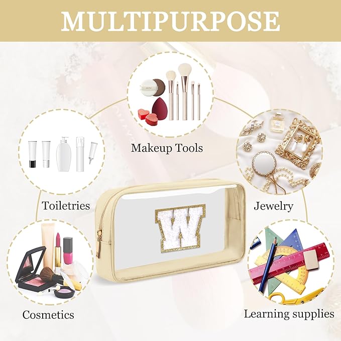 Small Clear Personalized Initial Makeup Bag, Preppy A-Z Chenille Letter Patch Cosmetic Bag, Cute Transparent Nylon Waterproof Zipper Beach Varsity Letter Pouch, Gift for Women Girls(Beige-White W)