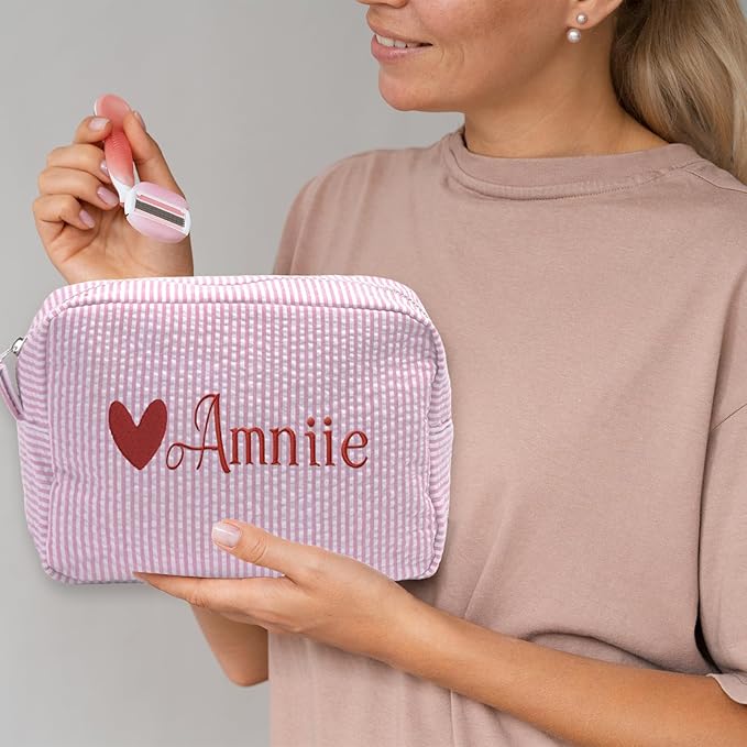 Custom Makeup Bag Personalized Cosmetic Bag Cute Seersucker Travel Toiletry Bag for Women Embroidered Bag Organizer for Bride Makeup Bag Gift Green