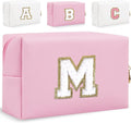 Small Personalized Letter Makeup Bag, Cute PU Leather Chenille Letters Cosmetic Bag Travel Makeup Pouch, Preppy Travel Organizer Zipper Pouch for Women&Girls（Pink-M）