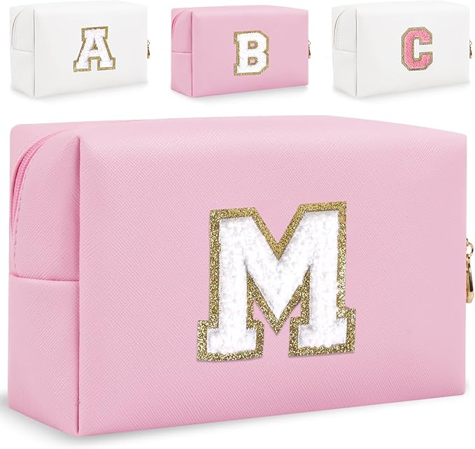 Small Personalized Letter Makeup Bag, Cute PU Leather Chenille Letters Cosmetic Bag Travel Makeup Pouch, Preppy Travel Organizer Zipper Pouch for Women&Girls（Pink-M）
