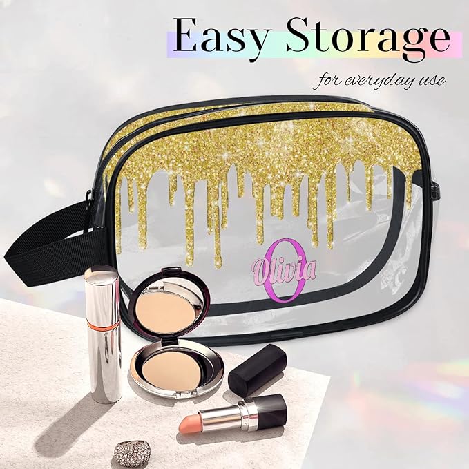 Personalized Clear Makeup Bag with Name, Transparent Travel Cosmetic Bag for Women, Friends, Mother's Day, Bridesmaid, Bride, Wedding, Graduation, Yellow Glitters Water Fluid Shape Sequins