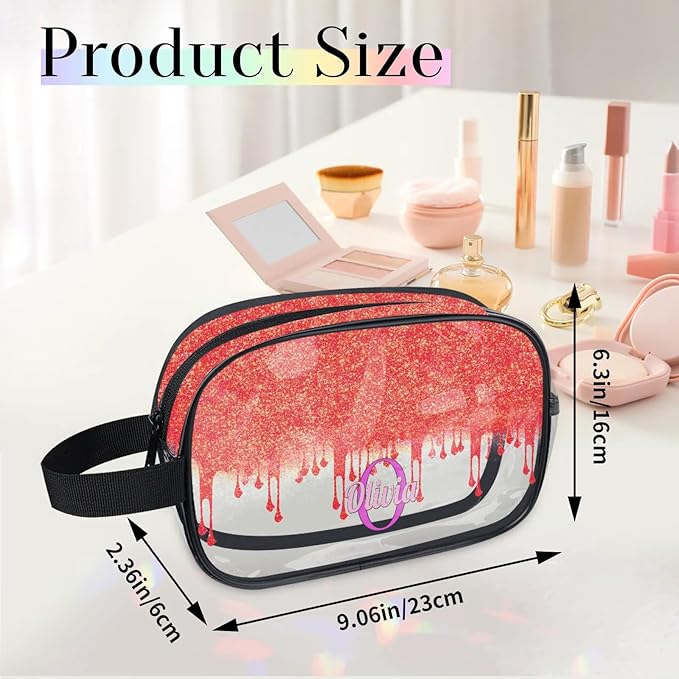 Custom Travel Clear Cosmetic Bag with Name, Personalized Large Capacity Weekend PVC Transparent Toiletry Bag Portable Bathroom Makeup Organizer, Red Curtain Glittering