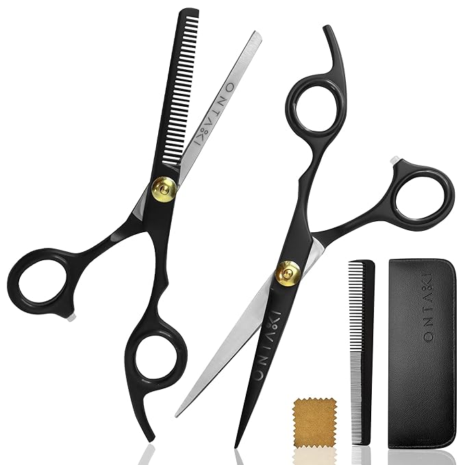 Ontaki Hair Cutting & Thinning Japanese Steel Shears Kit - 7-Inch, Black - Professional Hair Shears - Stainless Steel Thinning Scissors - Barber Scissors Kit with Comb & Pouch