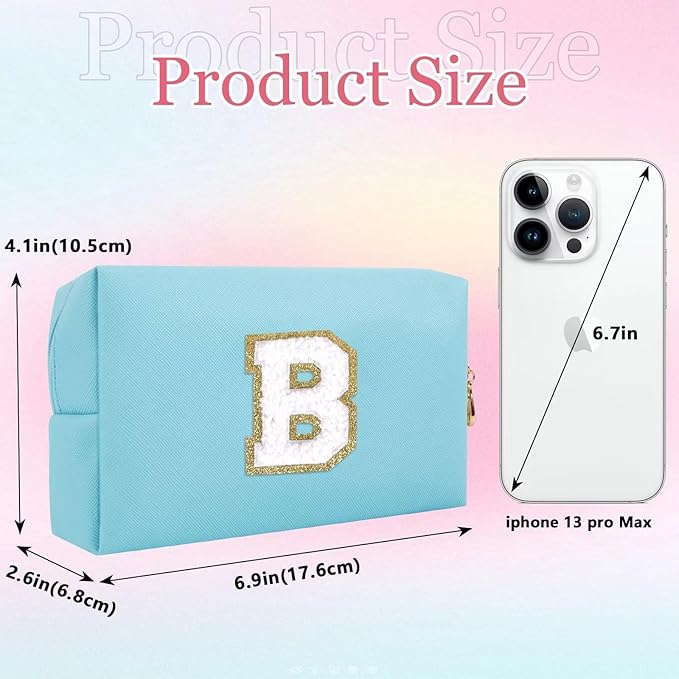Small Personalized Letter Makeup Bag, Cute PU Leather Chenille Letters Cosmetic Bag Travel Makeup Pouch, Preppy Travel Organizer Zipper Pouch for Women&Girls（Blue-B）