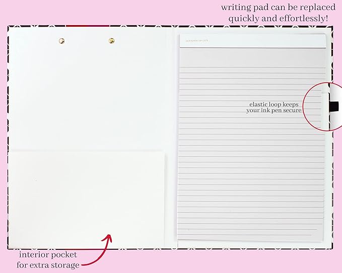 Kate Spade New York A4 Clipboard Folio with Low Profile Clip, Professional Padfolio Includes Lined Notepad, Pen Loop, and Pocket, Black Spade Flower