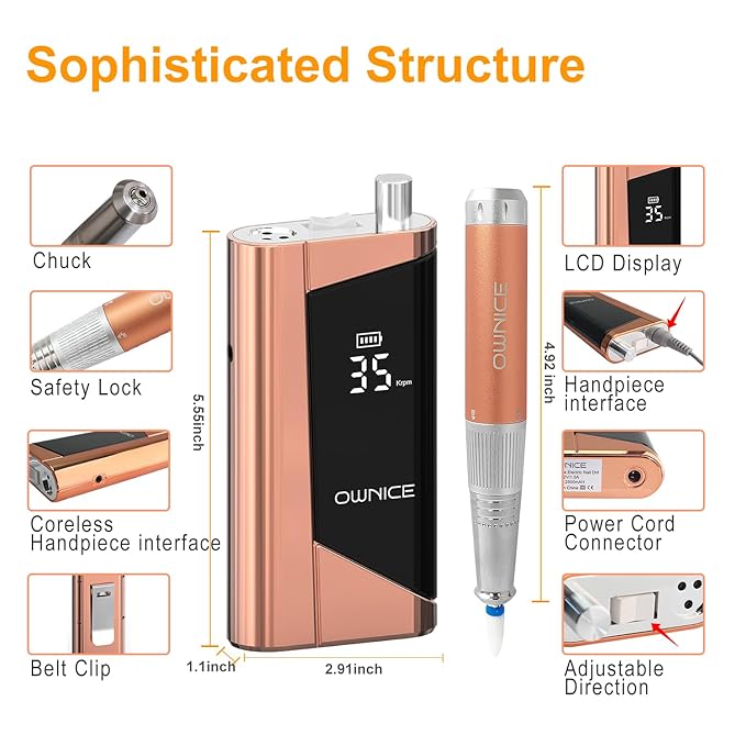 Electric Professional Nail Drill 35000RPM Cordless Portable Nail E-File Buffer Tools with Bits Perfect for Salon Manicure Pedicure Acrylic, Gel, Natural Nails(Rose Gold)