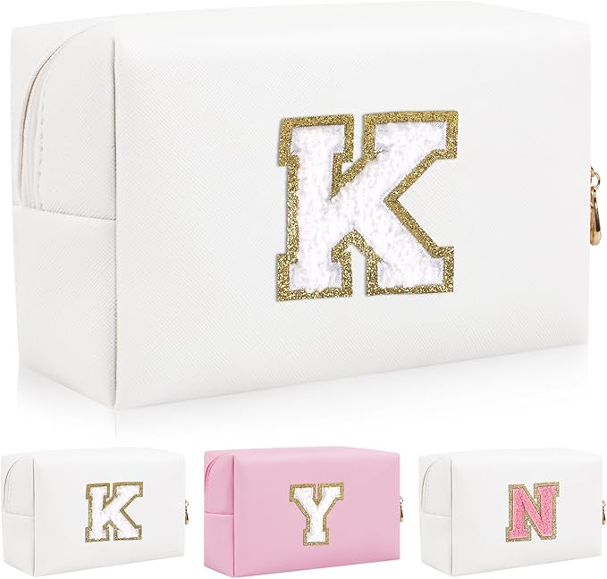 Iqimott Personalized Initial Letter Patch Makeup Bag, Preppy Portable Chenille Letter Cosmetic Bag with Zipper, PU Leather Waterproof Travel Toiletry Bag Monogram Make Up Pouch Girls(Letter K)