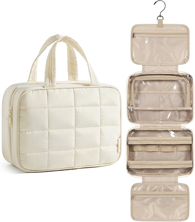 BAGSMART Travel Toiletry Bag for Women, Hanging Travel Bag for Toiletries, Puffy Makeup Cosmetic Bag Organizer, Carry-on Travel Accessories Essentials, Beige