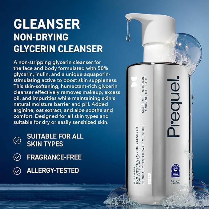 Prequel Skin Gleanser, Moisturizing Glycerin Face Wash, Professional Strength Face Cleanser for Women, Unscented Sensitive and Dry Skin Face Wash Pump Bottles - 6.75 fluid ounce (Pack of 2)