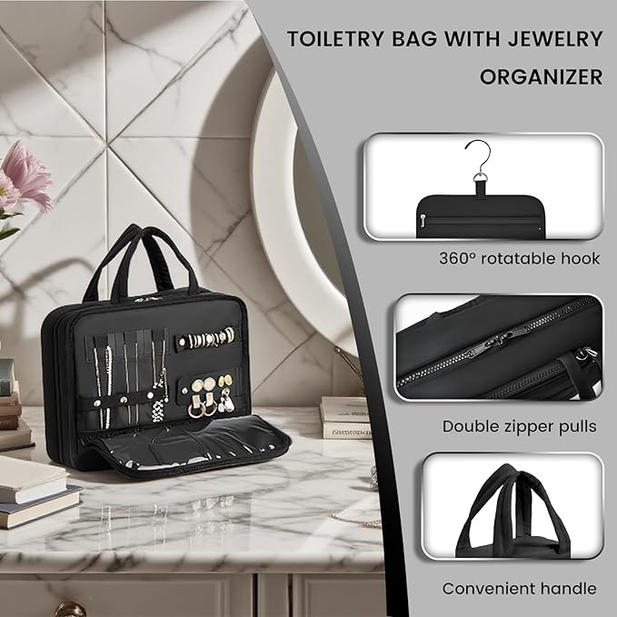 Inmorven Travel Hanging Toiletry Bag for Women, Makeup Cosmetic Bag with Jewelry Organizer, Waterproof DoppKit Set for Girls Large Capacity, Carry-on Travel Accessories Essentials - Black