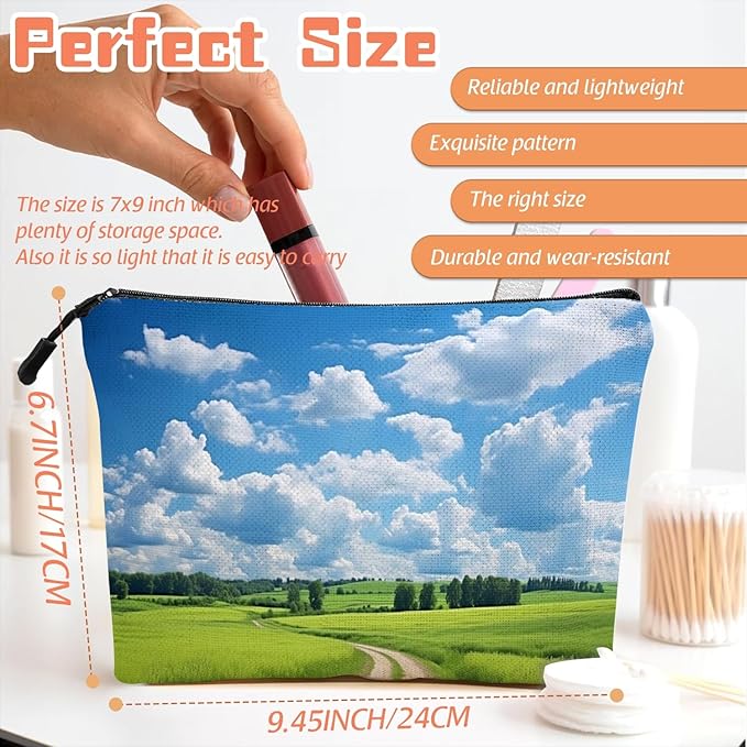 Cosmetic Bags Travel Makeup Toilet Case Waterproof Pouch for Women Girls 6.7X9.45inches - Green Field With A Winding Dirt Road Under Blue Sky